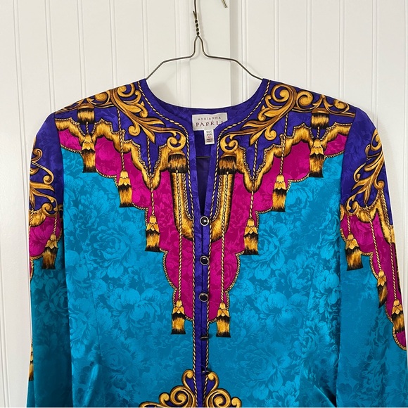 Vintage Silk Flashy 80's Blouse Shoulder Pads Versace Style Purple Teal Size 12 - Picture 2 of 8